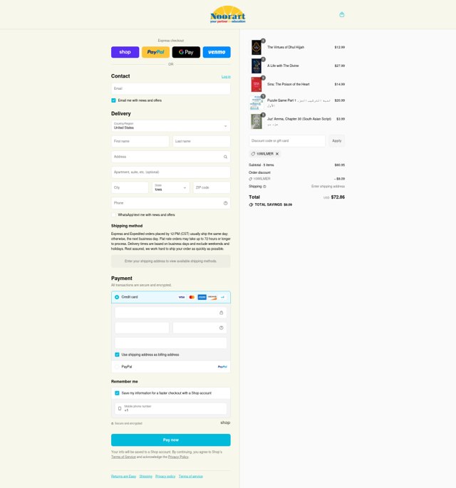 Noorart checkout page showing Noorart coupon code box | Screenshot taken by SimplyCodes community member on Sep 7, 2025