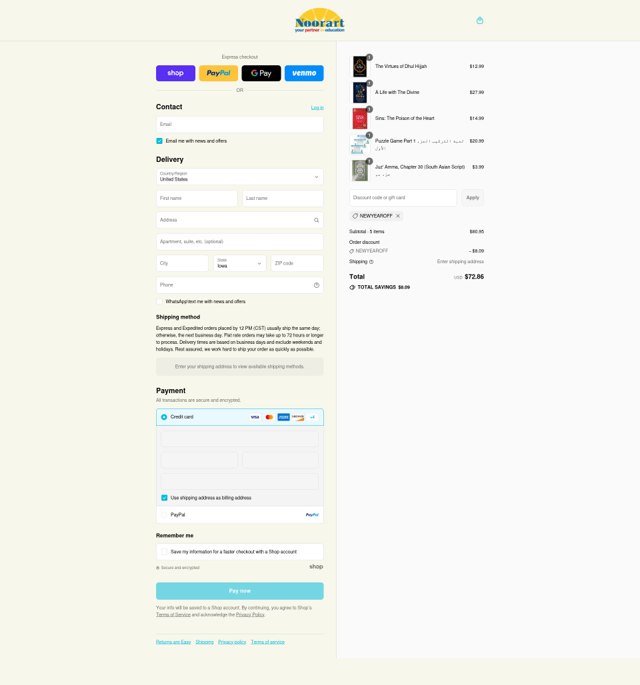 Noorart checkout page showing Noorart coupon code box | Screenshot taken by SimplyCodes community member on Sep 7, 2025
