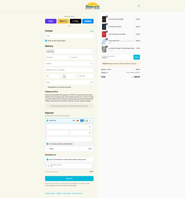 Noorart checkout page showing Noorart coupon code box | Screenshot taken by SimplyCodes community member on Sep 7, 2025