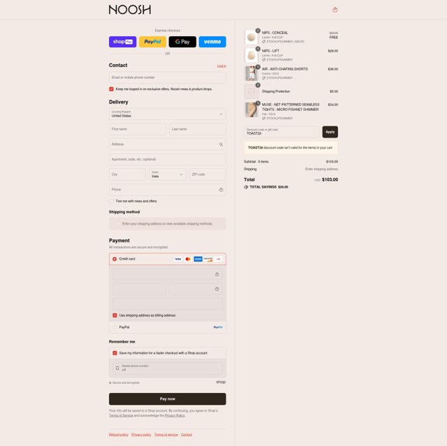 Noosh checkout page showing Noosh coupon code box | Screenshot taken by SimplyCodes community member on Aug 24, 2025