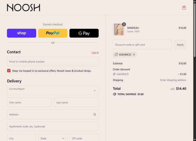 Noosh checkout page showing Noosh coupon code box | Screenshot taken by SimplyCodes community member on Sep 6, 2025