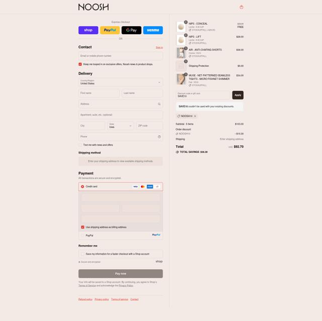 Noosh checkout page showing Noosh coupon code box | Screenshot taken by SimplyCodes community member on Sep 10, 2025