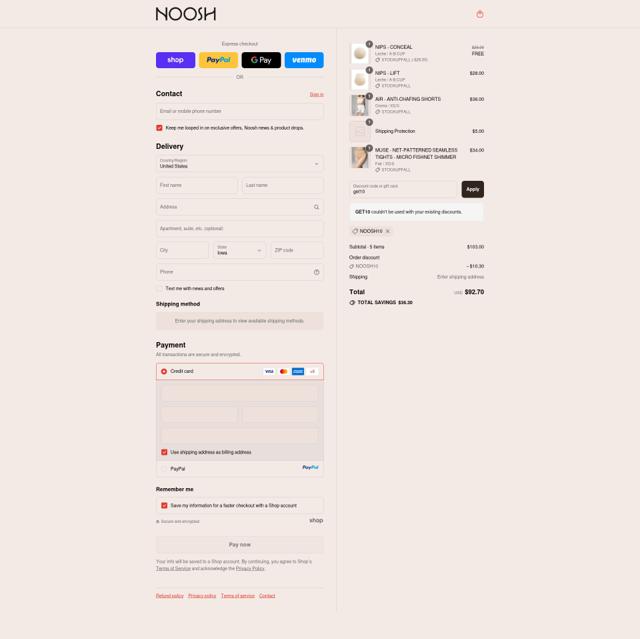 Noosh checkout page showing Noosh coupon code box | Screenshot taken by SimplyCodes community member on Sep 10, 2025