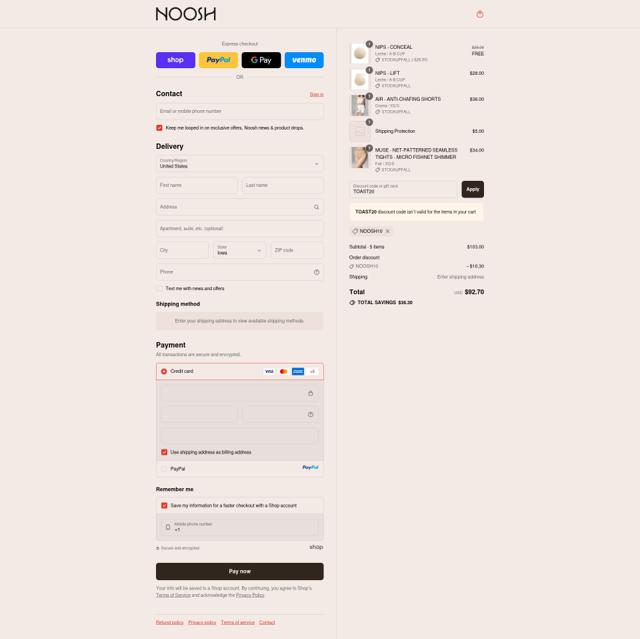 Noosh checkout page showing Noosh coupon code box | Screenshot taken by SimplyCodes community member on Sep 10, 2025
