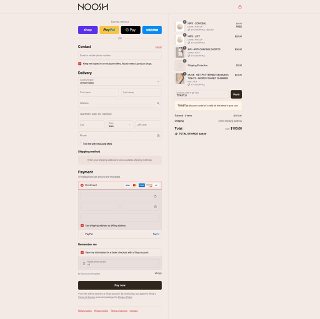 Noosh checkout page showing Noosh coupon code box | Screenshot taken by SimplyCodes community member on Aug 29, 2025