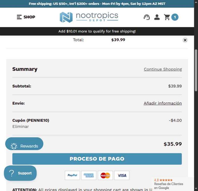 Nootropics Depot checkout page showing Nootropics Depot promo code box | Screenshot taken by SimplyCodes community member on Aug 21, 2025