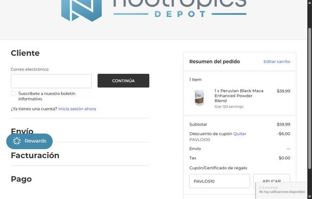 Nootropics Depot checkout page showing Nootropics Depot promo code box | Screenshot taken by SimplyCodes community member on Aug 12, 2025