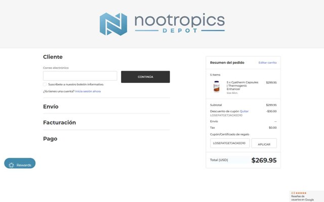 Nootropics Depot checkout page showing Nootropics Depot promo code box | Screenshot taken by SimplyCodes community member on Aug 17, 2025
