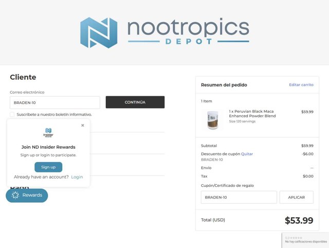 Nootropics Depot checkout page showing Nootropics Depot promo code box | Screenshot taken by SimplyCodes community member on Aug 12, 2025