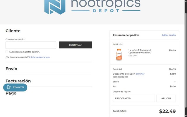 Nootropics Depot checkout page showing Nootropics Depot promo code box | Screenshot taken by SimplyCodes community member on Sep 6, 2025