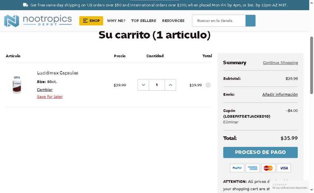 Nootropics Depot checkout page showing Nootropics Depot promo code box | Screenshot taken by SimplyCodes community member on Aug 30, 2025