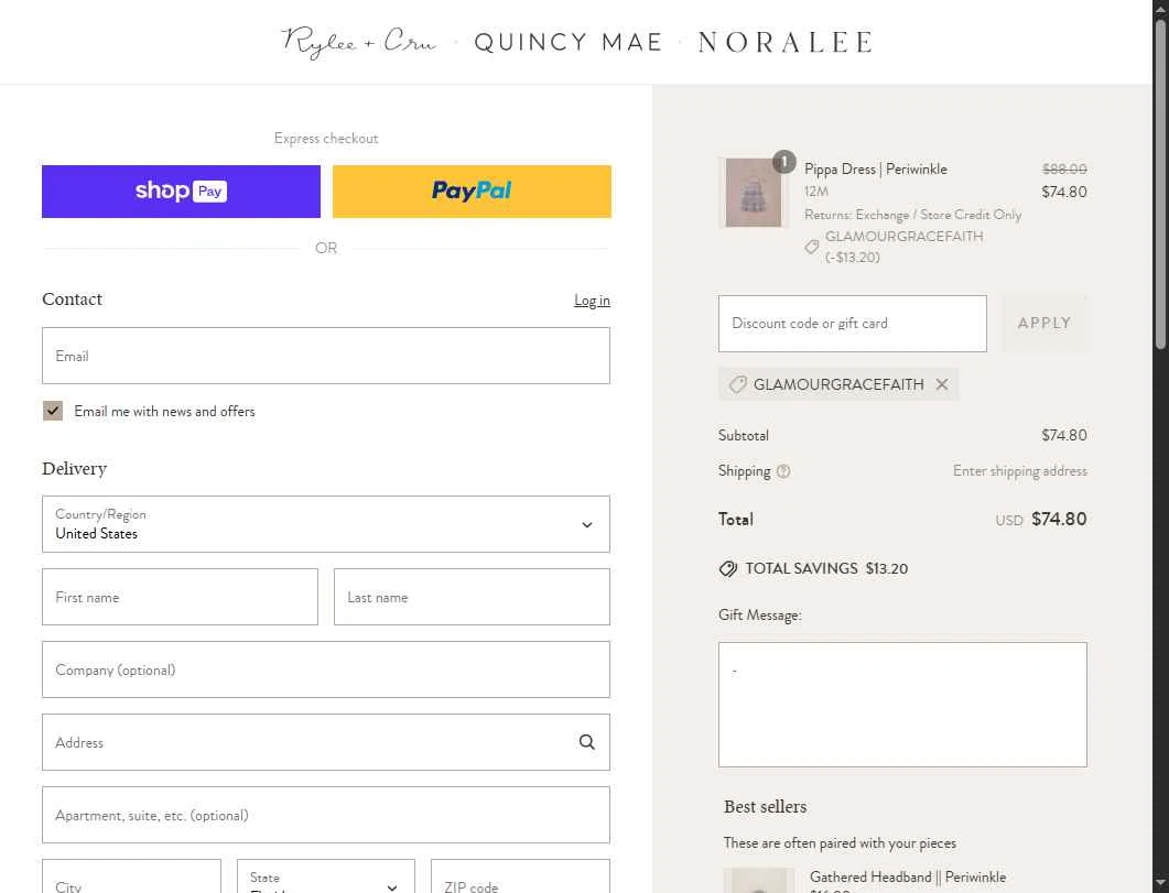 Noralee checkout page showing Noralee discount code box | Screenshot taken by SimplyCodes community member on May 28, 2025