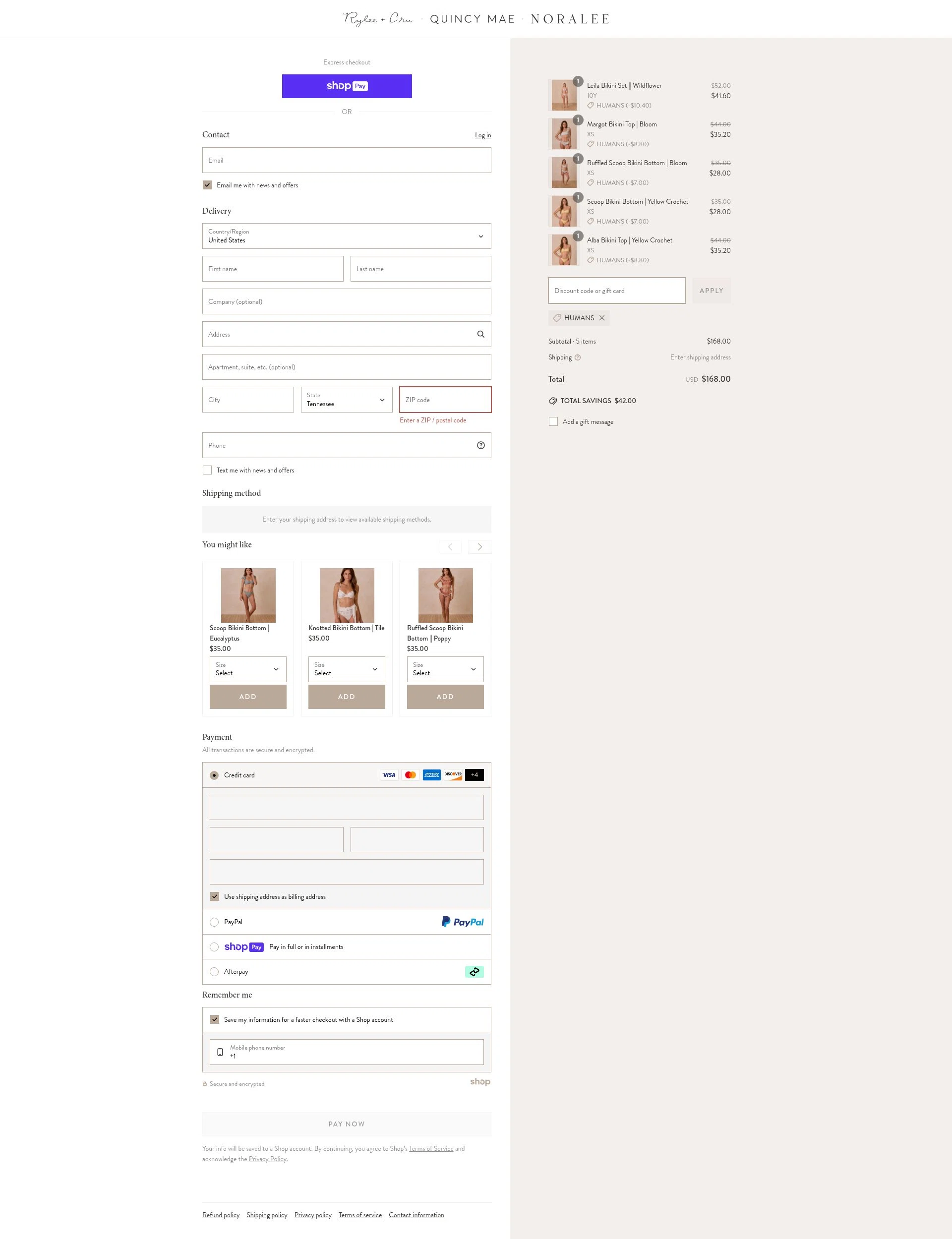 Noralee checkout page showing Noralee discount code box | Screenshot taken by SimplyCodes community member on Jun 19, 2025