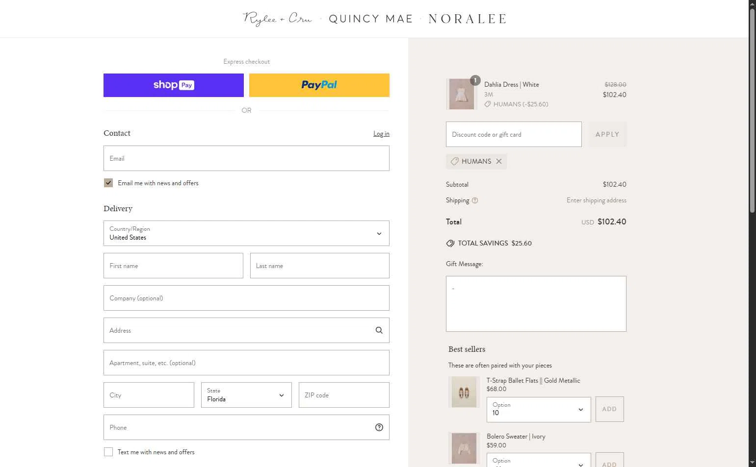 Noralee checkout page showing Noralee discount code box | Screenshot taken by SimplyCodes community member on May 28, 2025