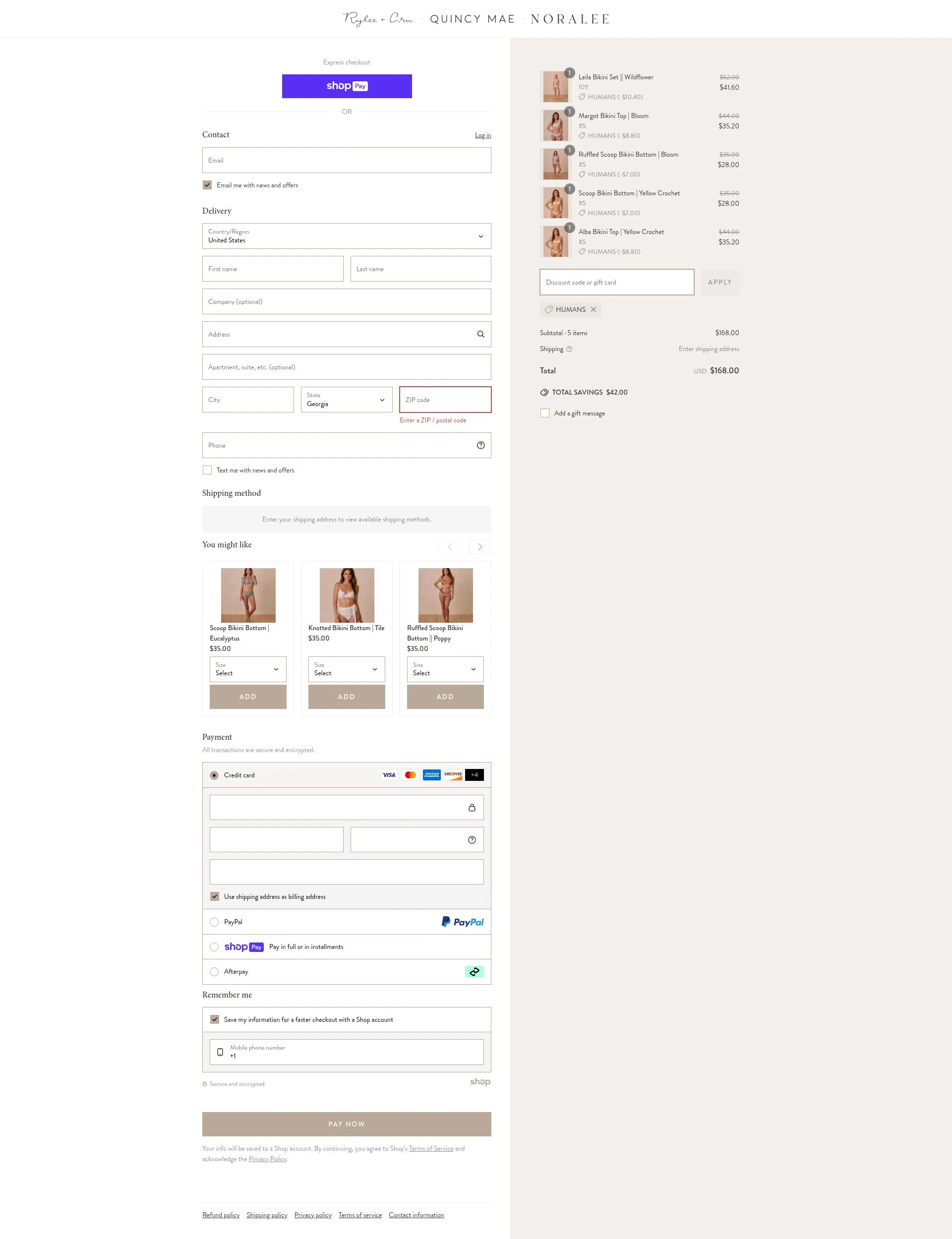 Noralee checkout page showing Noralee discount code box | Screenshot taken by SimplyCodes community member on Jun 16, 2025