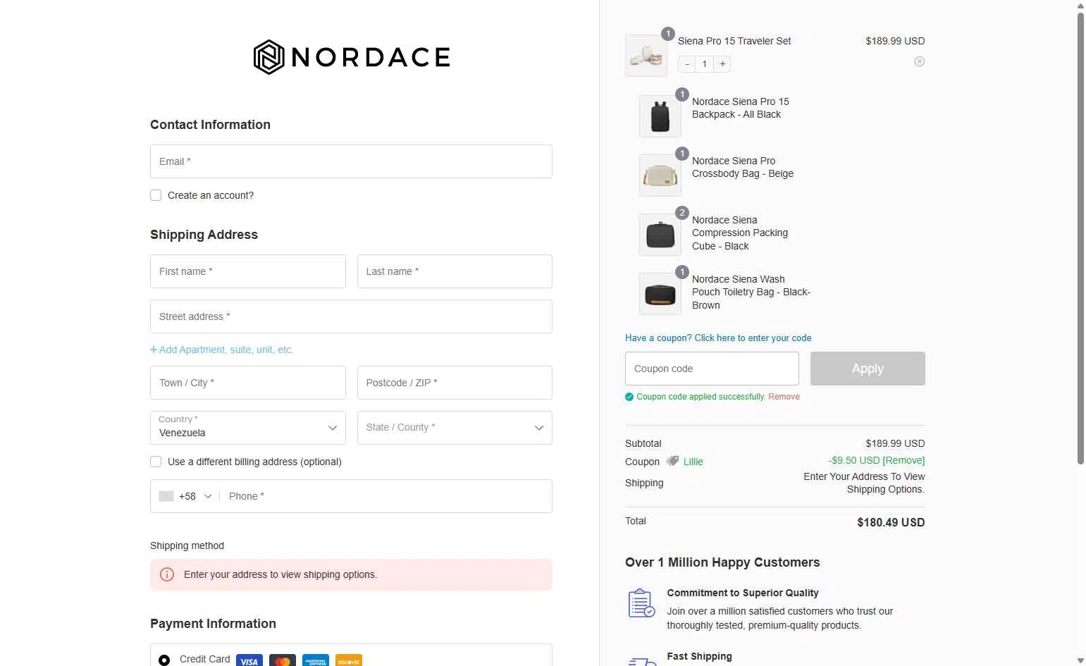Nordace checkout page showing Nordace coupon code box | Screenshot taken by SimplyCodes community member on Jan 31, 2026