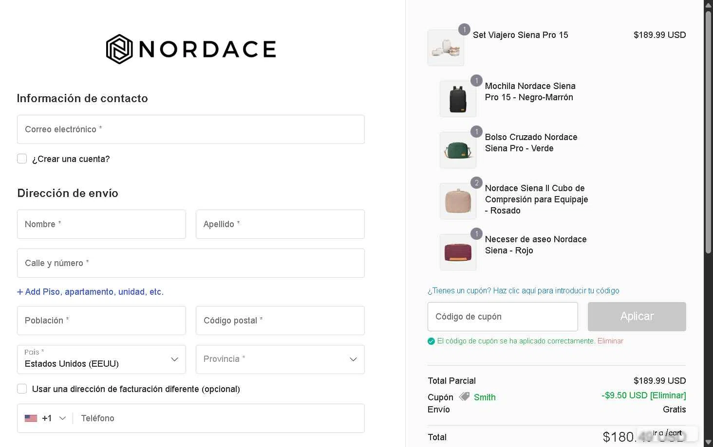 Nordace checkout page showing Nordace coupon code box | Screenshot taken by SimplyCodes community member on Nov 10, 2025