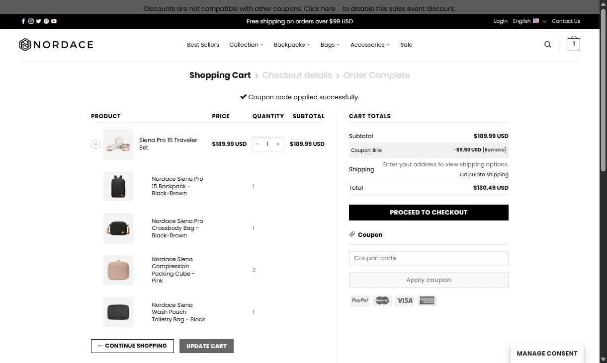 Nordace checkout page showing Nordace coupon code box | Screenshot taken by SimplyCodes community member on Nov 5, 2025