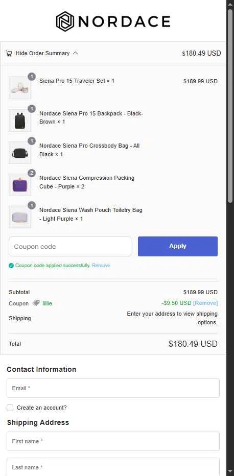 Nordace checkout page showing Nordace coupon code box | Screenshot taken by SimplyCodes community member on Dec 4, 2025
