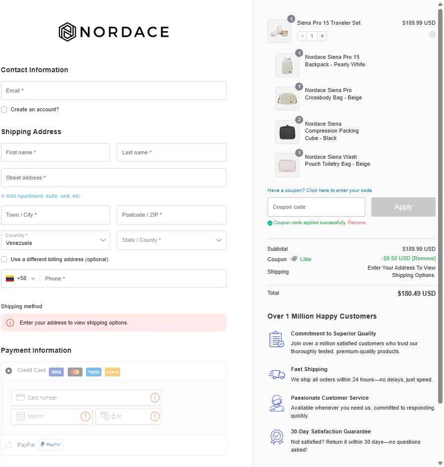 Nordace checkout page showing Nordace coupon code box | Screenshot taken by SimplyCodes community member on Jan 2, 2026
