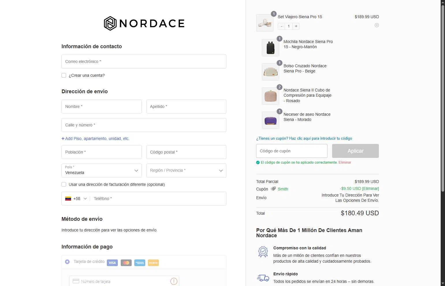 Nordace checkout page showing Nordace coupon code box | Screenshot taken by SimplyCodes community member on Dec 9, 2025