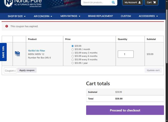 Nordic Pure Air Filters checkout page showing Nordic Pure Air Filters promo code box | Screenshot taken by SimplyCodes community member on Sep 6, 2025