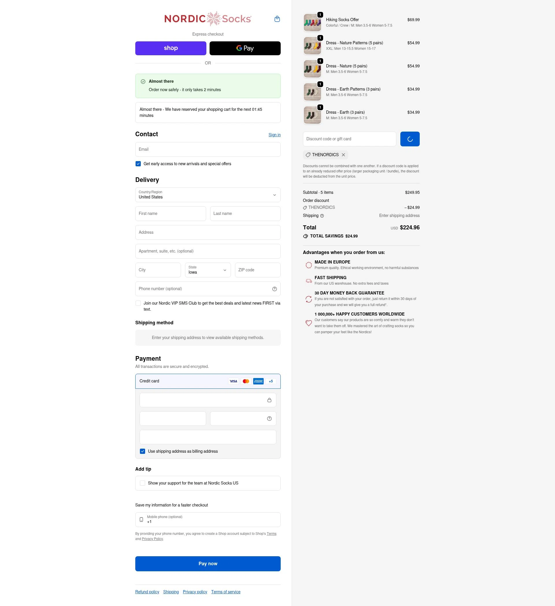 Nordic Socks US checkout page showing Nordic Socks US promo code box | Screenshot taken by SimplyCodes community member on Feb 9, 2026