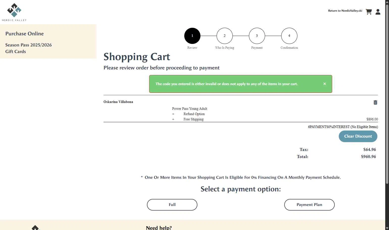 Nordic Valley Ski Resort checkout page showing Nordic Valley Ski Resort promo code box | Screenshot taken by SimplyCodes community member on Aug 15, 2025