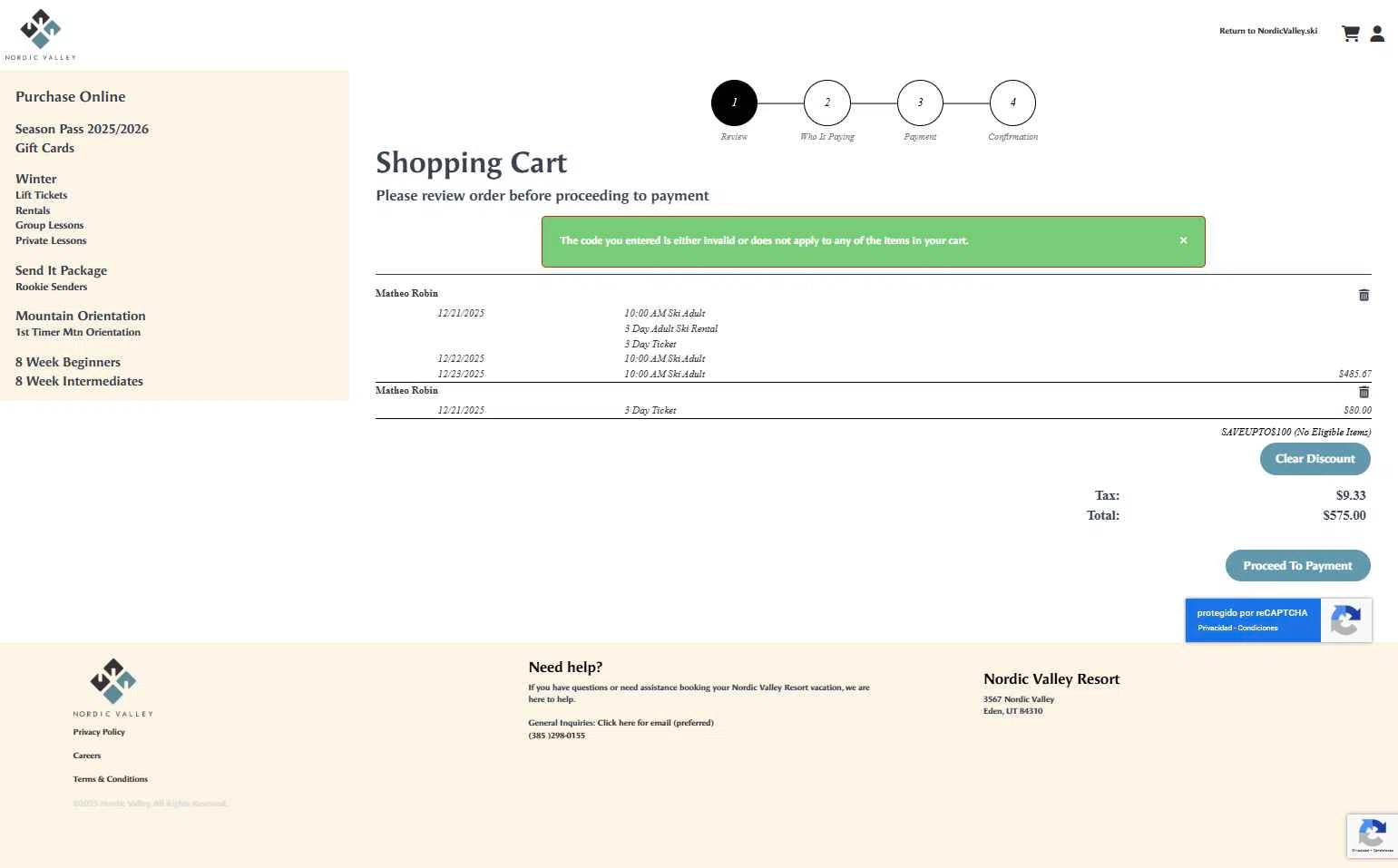 Nordic Valley Ski Resort checkout page showing Nordic Valley Ski Resort promo code box | Screenshot taken by SimplyCodes community member on Nov 7, 2025