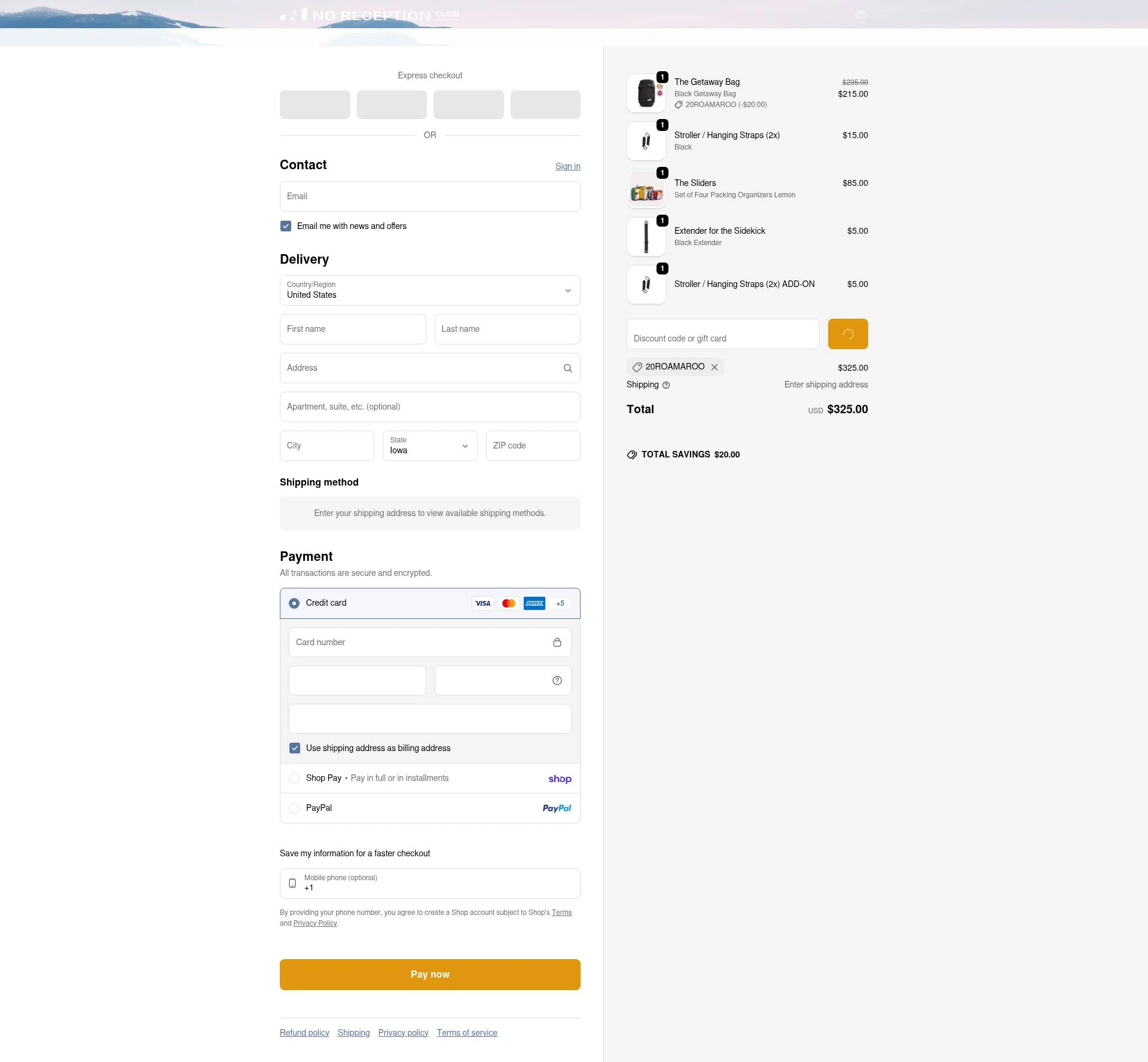 No Reception Club checkout page showing No Reception Club discount code box | Screenshot taken by SimplyCodes community member on Feb 7, 2026