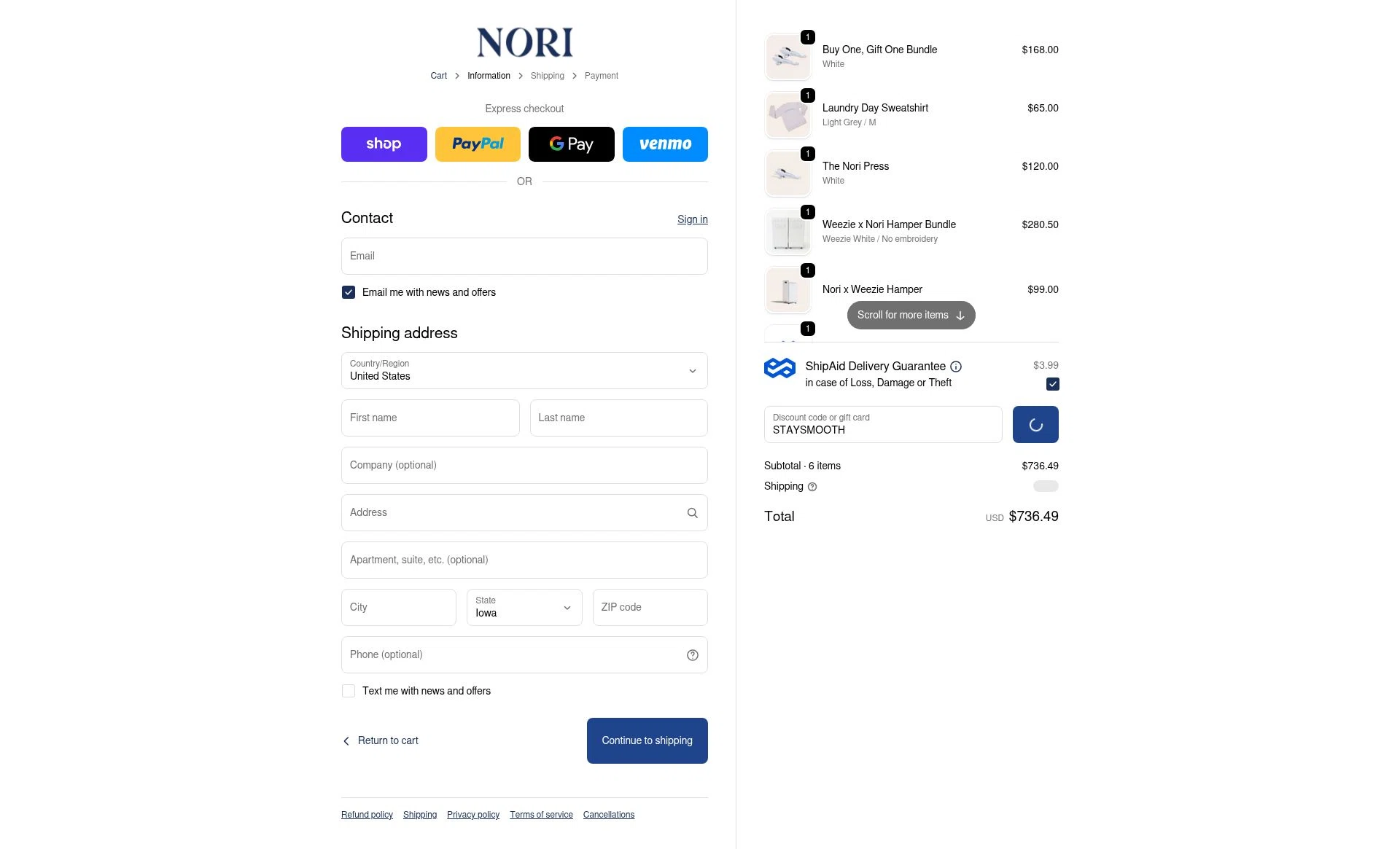 Nori Press checkout page showing Nori Press discount code box | Screenshot taken by SimplyCodes community member on Dec 30, 2025