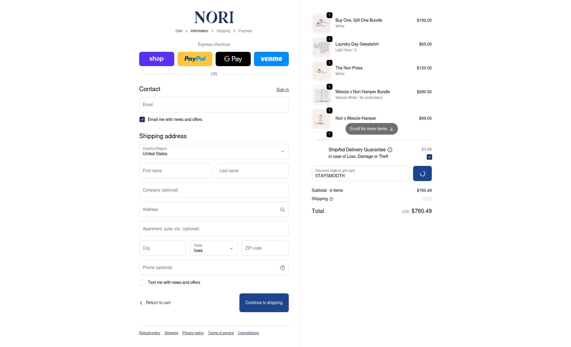 Nori Press checkout page showing Nori Press discount code box | Screenshot taken by SimplyCodes community member on Feb 2, 2026