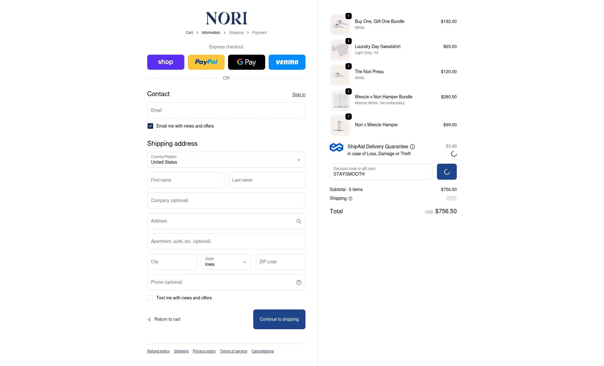 Nori Press checkout page showing Nori Press discount code box | Screenshot taken by SimplyCodes community member on Jan 4, 2026