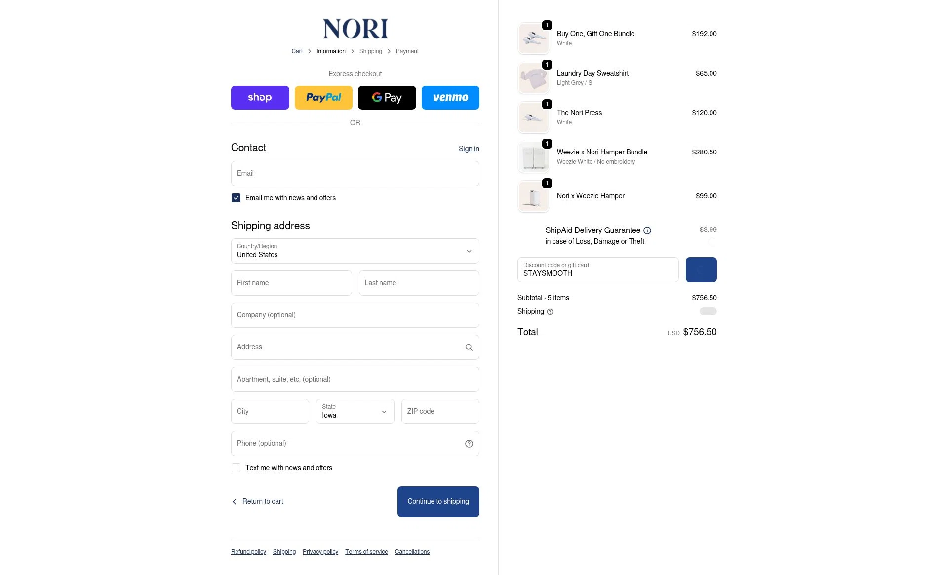 Nori Press checkout page showing Nori Press discount code box | Screenshot taken by SimplyCodes community member on Jan 28, 2026