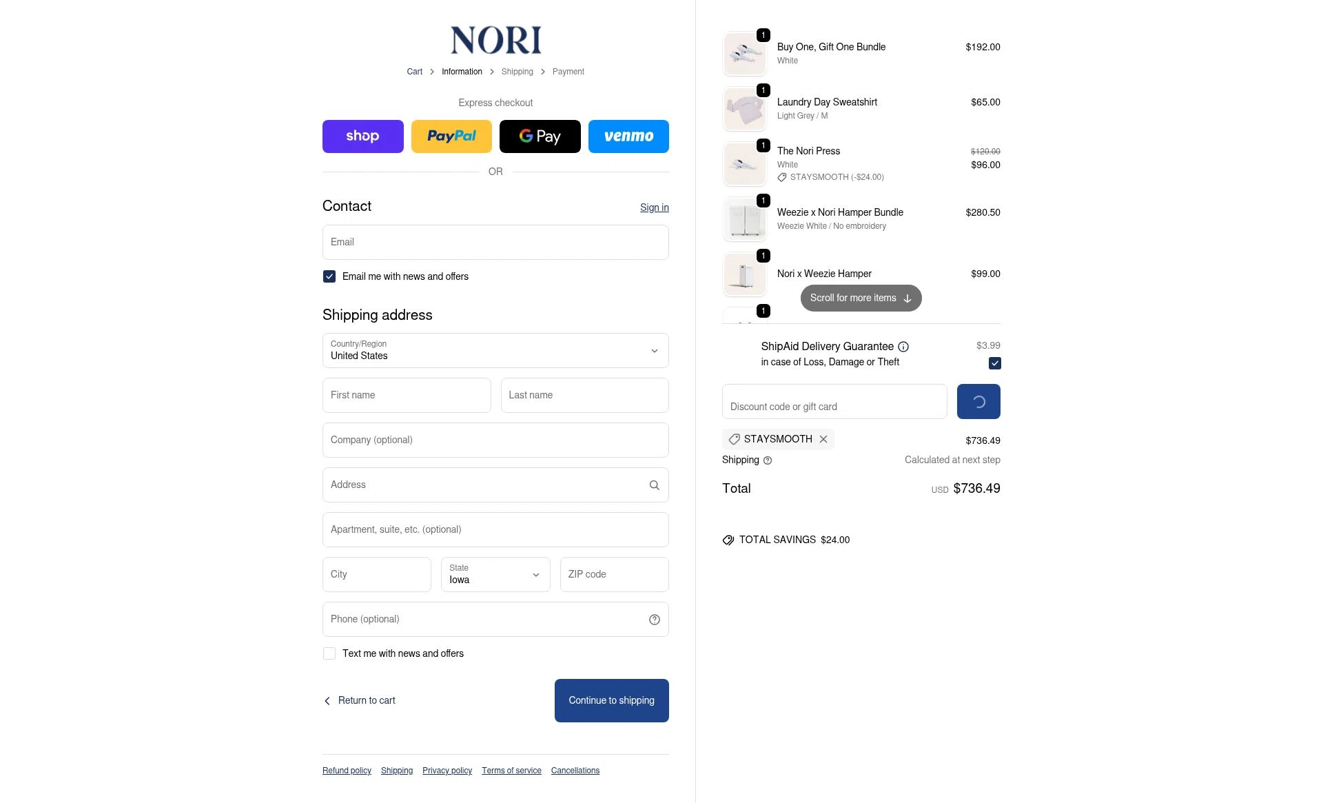 Nori Press checkout page showing Nori Press discount code box | Screenshot taken by SimplyCodes community member on Jan 14, 2026