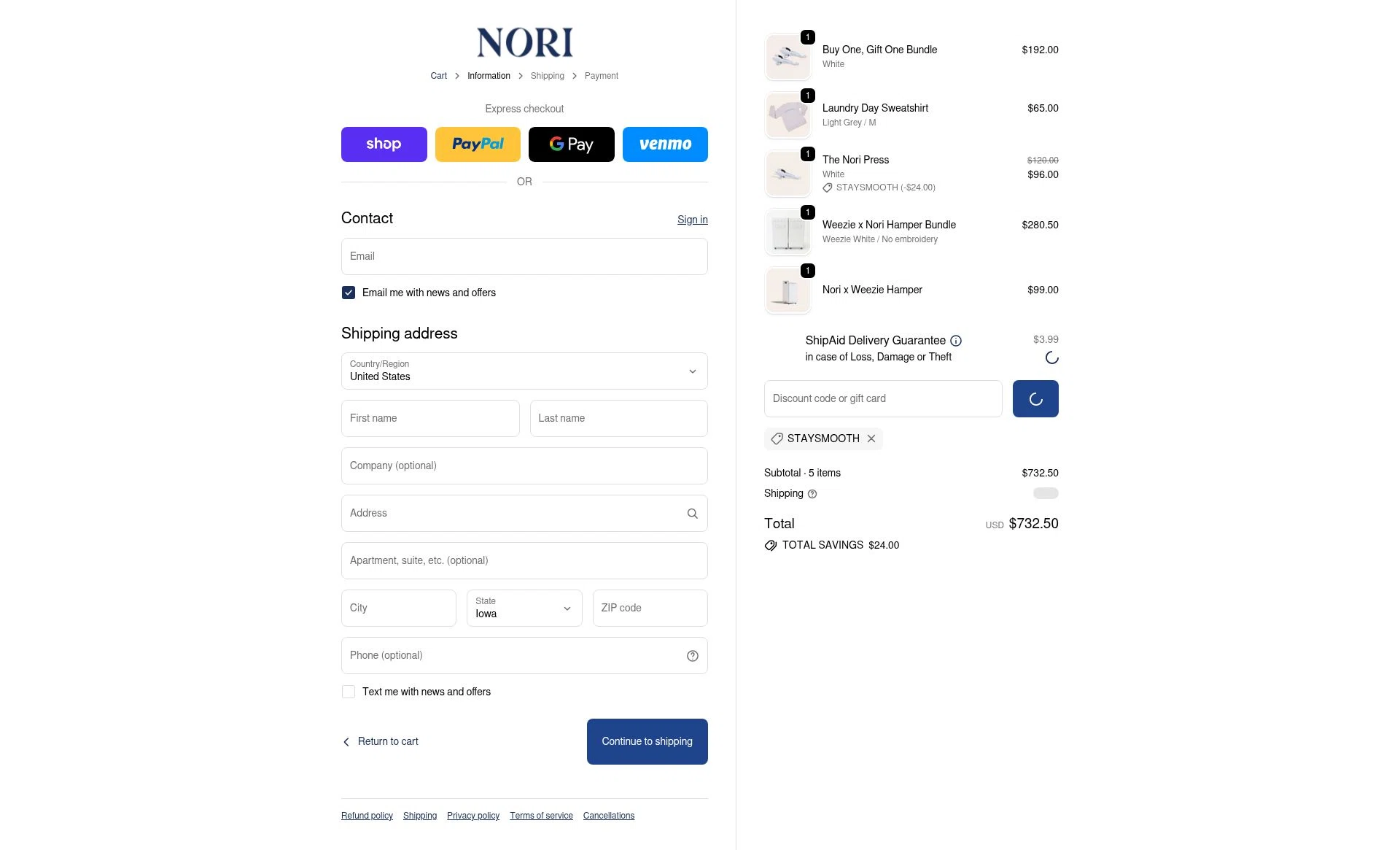 Nori Press checkout page showing Nori Press discount code box | Screenshot taken by SimplyCodes community member on Jan 24, 2026