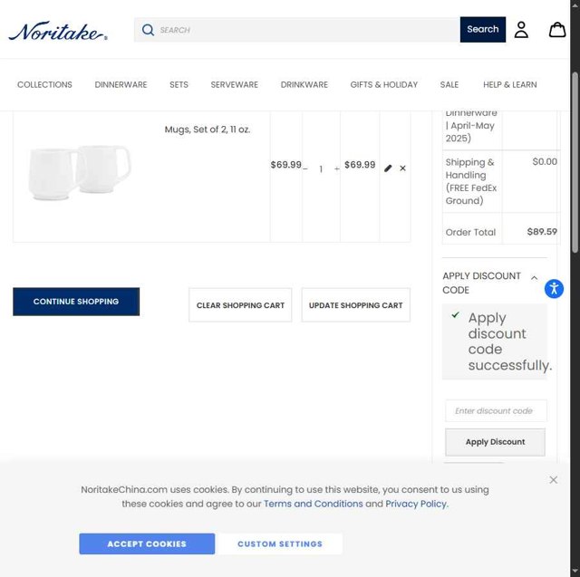 Noritake checkout page showing Noritake discount code box | Screenshot taken by SimplyCodes community member on May 7, 2025