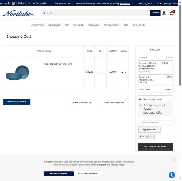 Noritake checkout page showing Noritake discount code box | Screenshot taken by SimplyCodes community member on Aug 6, 2025