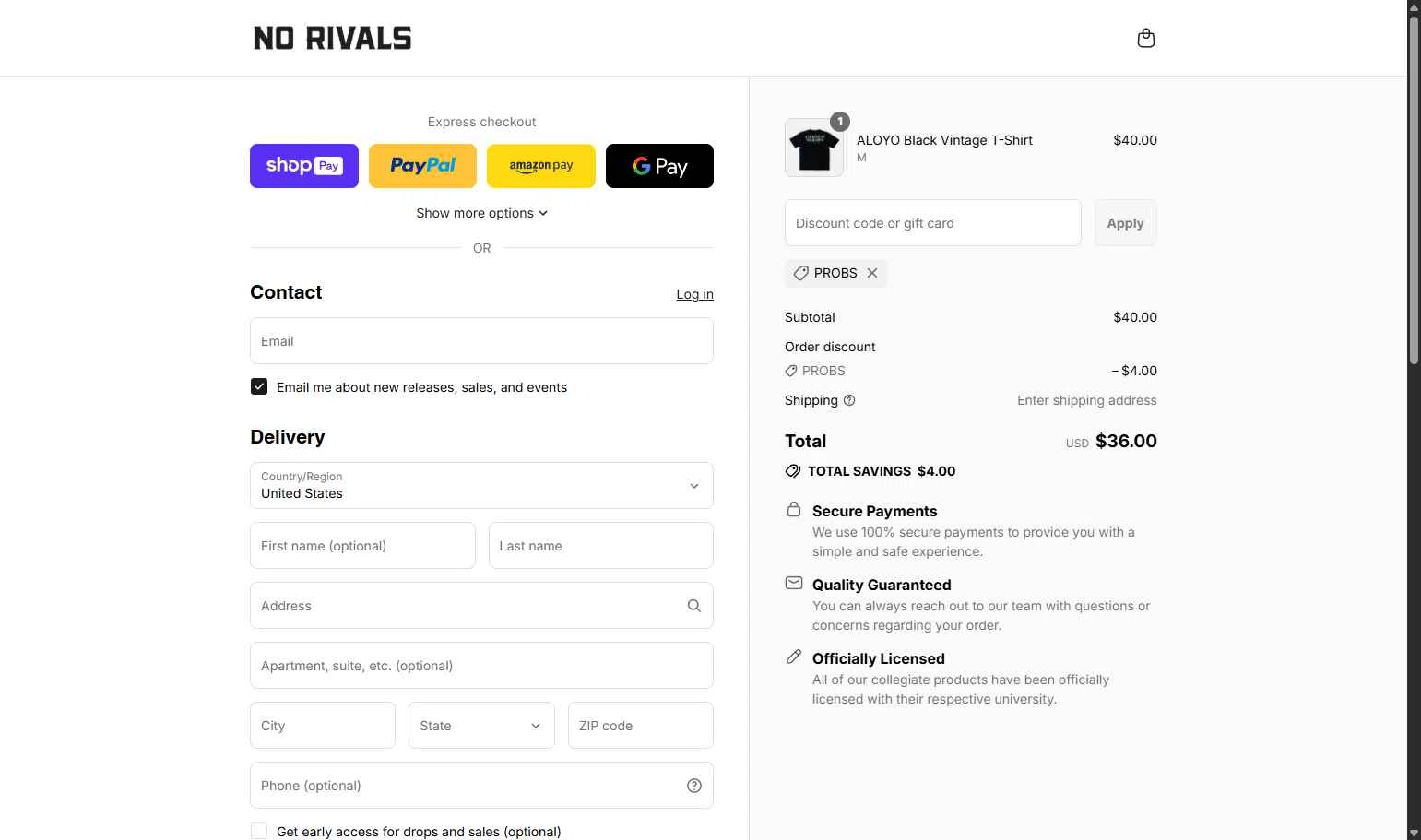 No Rivals checkout page showing No Rivals discount code box | Screenshot taken by SimplyCodes community member on Aug 19, 2025