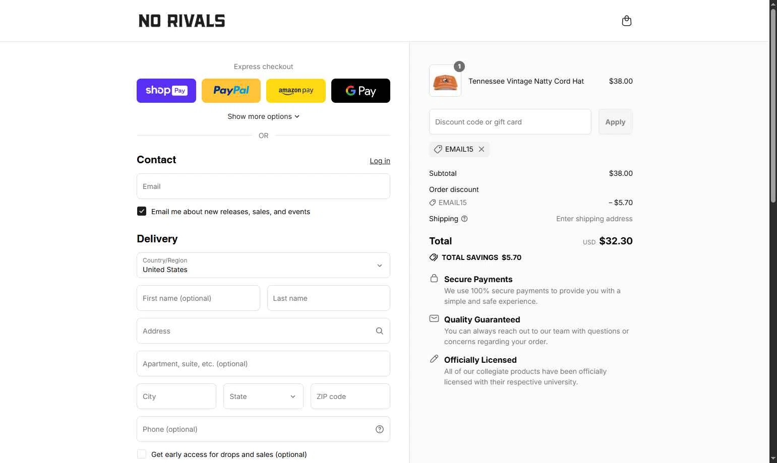 No Rivals checkout page showing No Rivals discount code box | Screenshot taken by SimplyCodes community member on Aug 19, 2025