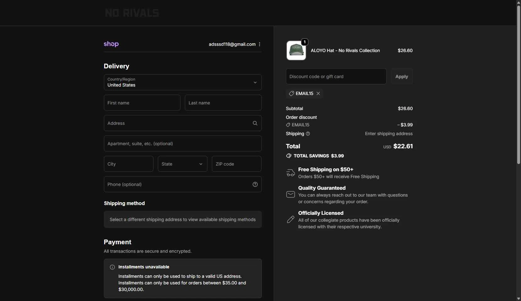 No Rivals checkout page showing No Rivals discount code box | Screenshot taken by SimplyCodes community member on Oct 7, 2025