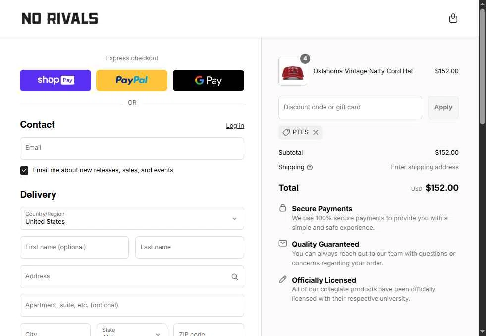 No Rivals checkout page showing No Rivals discount code box | Screenshot taken by SimplyCodes community member on Aug 25, 2025
