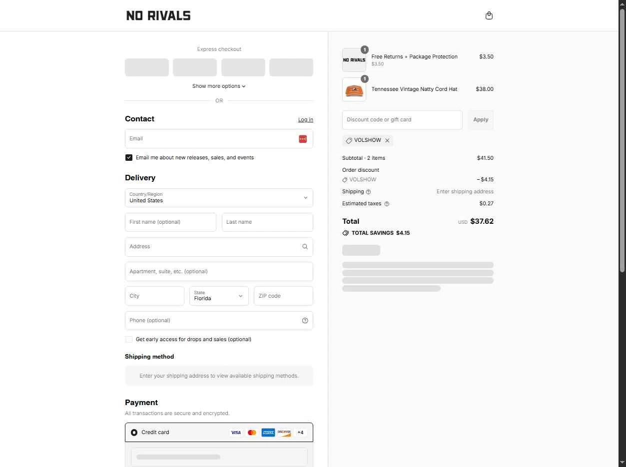 No Rivals checkout page showing No Rivals discount code box | Screenshot taken by SimplyCodes community member on Aug 19, 2025