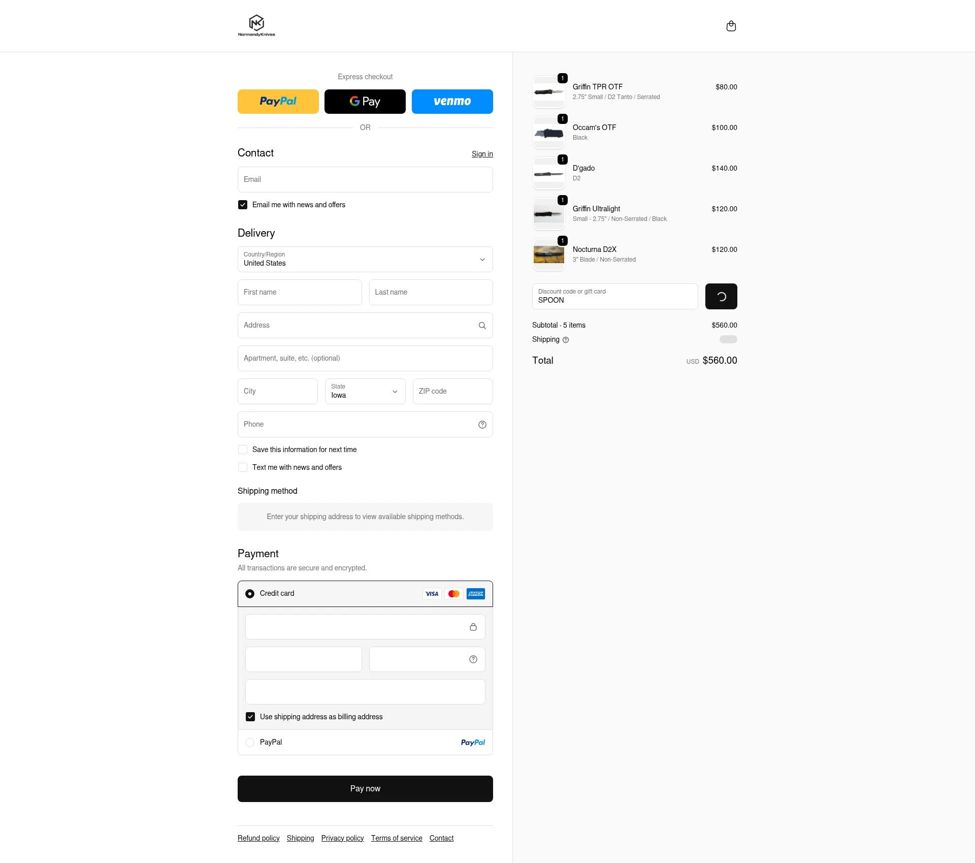 Normandy Knives checkout page showing Normandy Knives promo code box | Screenshot taken by SimplyCodes community member on Feb 1, 2026