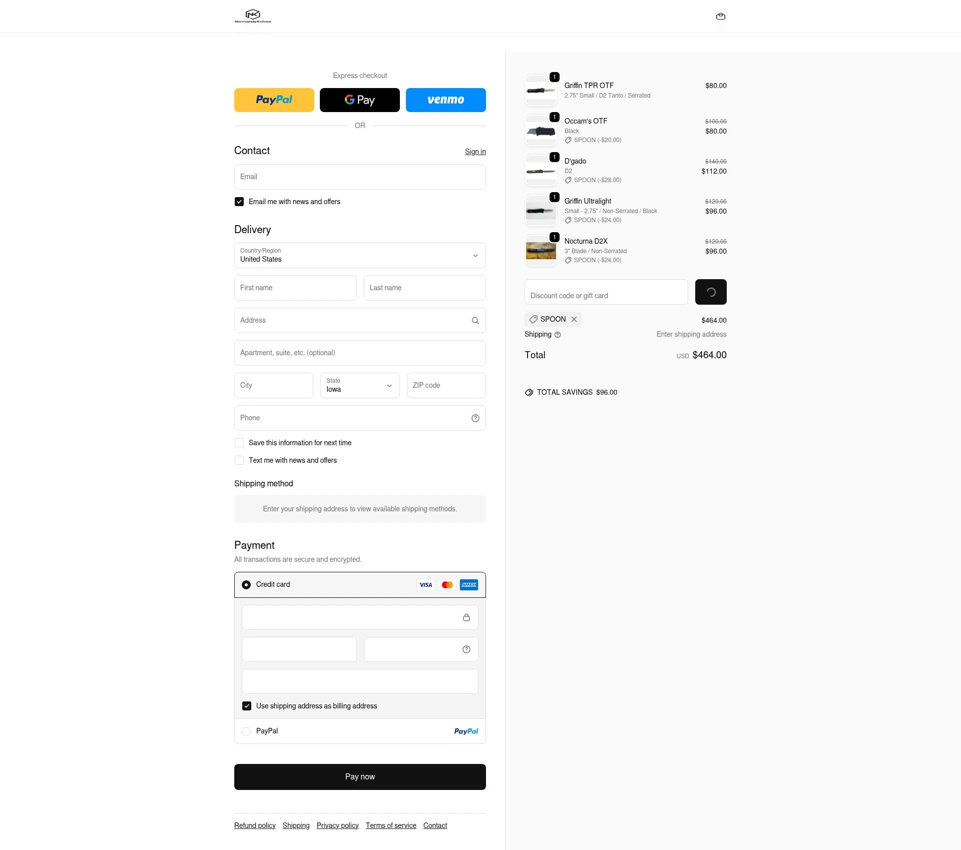 Normandy Knives checkout page showing Normandy Knives promo code box | Screenshot taken by SimplyCodes community member on Feb 5, 2026