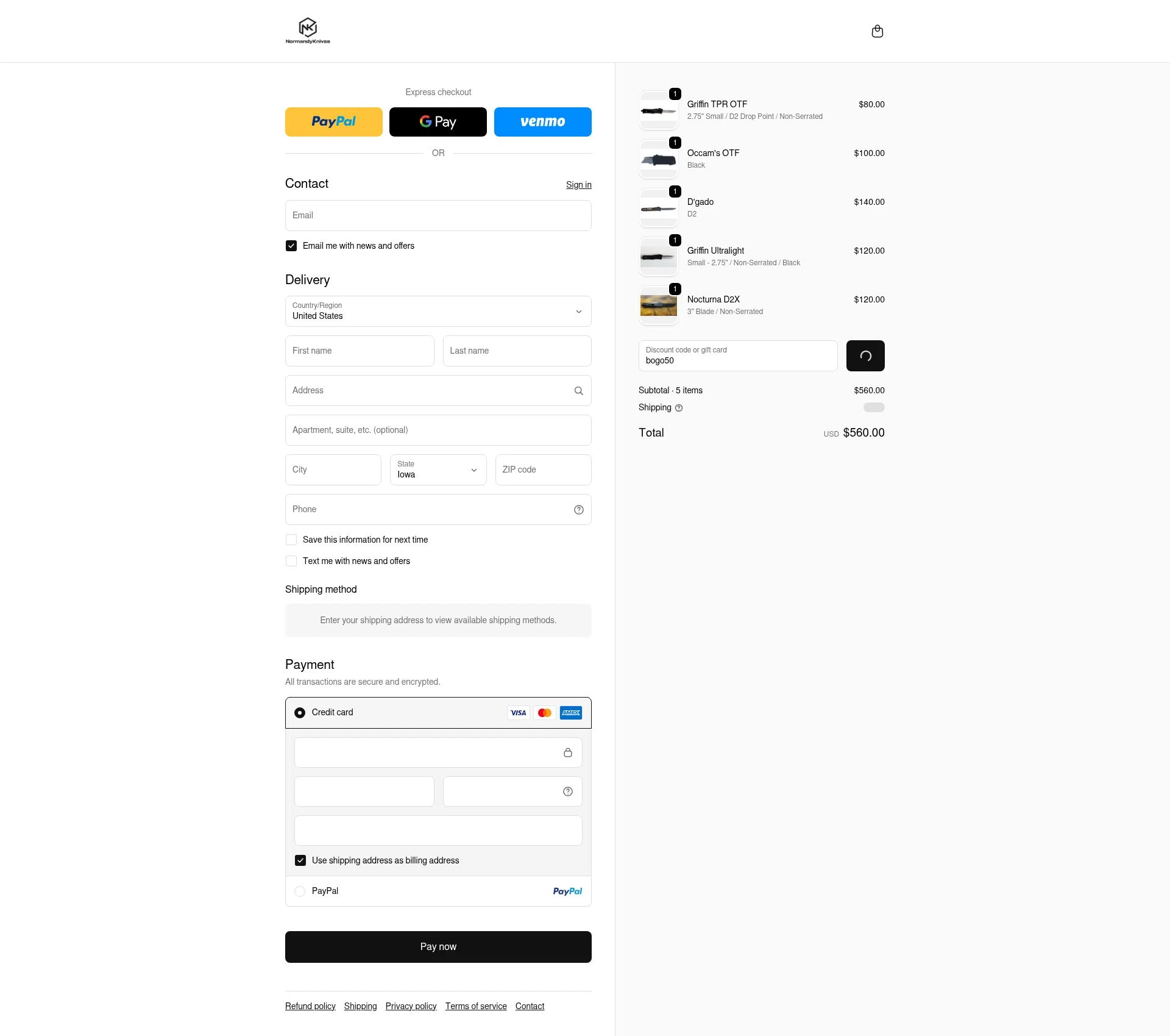 Normandy Knives checkout page showing Normandy Knives promo code box | Screenshot taken by SimplyCodes community member on Feb 14, 2026