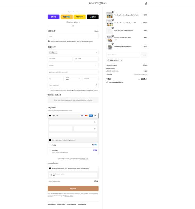 Norse Organics checkout page showing Norse Organics discount code box | Screenshot taken by SimplyCodes community member on Sep 13, 2025