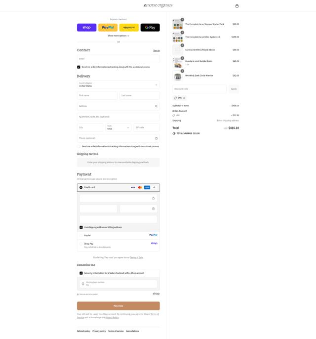 Norse Organics checkout page showing Norse Organics discount code box | Screenshot taken by SimplyCodes community member on Sep 13, 2025