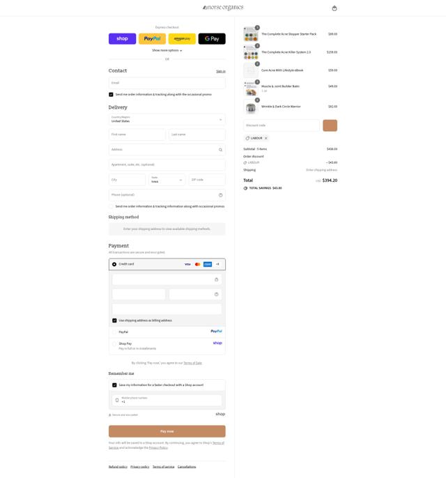 Norse Organics checkout page showing Norse Organics discount code box | Screenshot taken by SimplyCodes community member on Sep 13, 2025