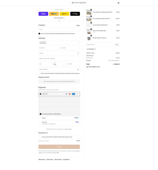 Norse Organics checkout page showing Norse Organics discount code box | Screenshot taken by SimplyCodes community member on Sep 13, 2025